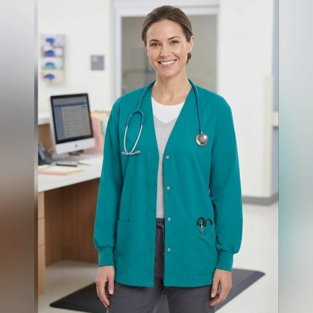 Barco Teal Scrub Jacket Women XL Snap Front Warm Up Medical Uniform Top - Picture 1 of 10